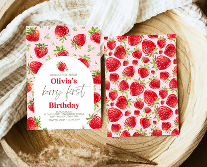 Editable Berry First Birthday Invitation, Strawberry Arch 1st Birthday Girl Invite, Printable Strawberry First Birthday Girl Invitation, GBP05