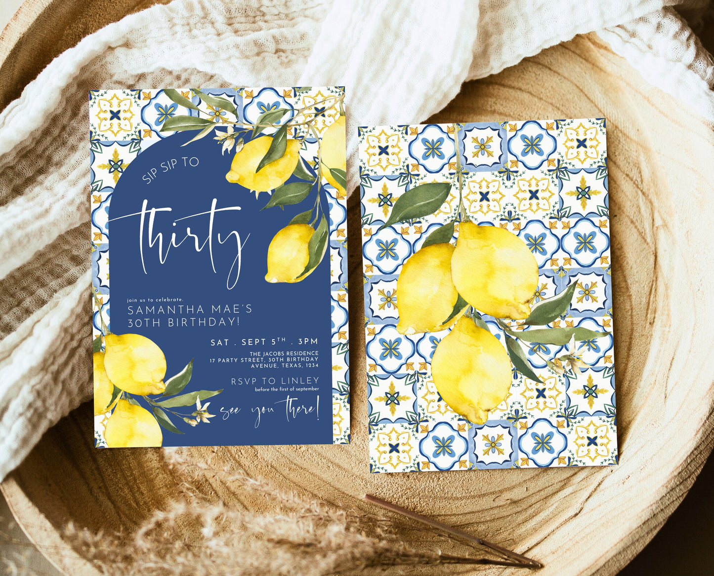 Editable Mediterranean Lemon Birthday Invitation Blue Tiles Italy Theme Summer Party Printable Boho Adult Birthday Invite Template AB15