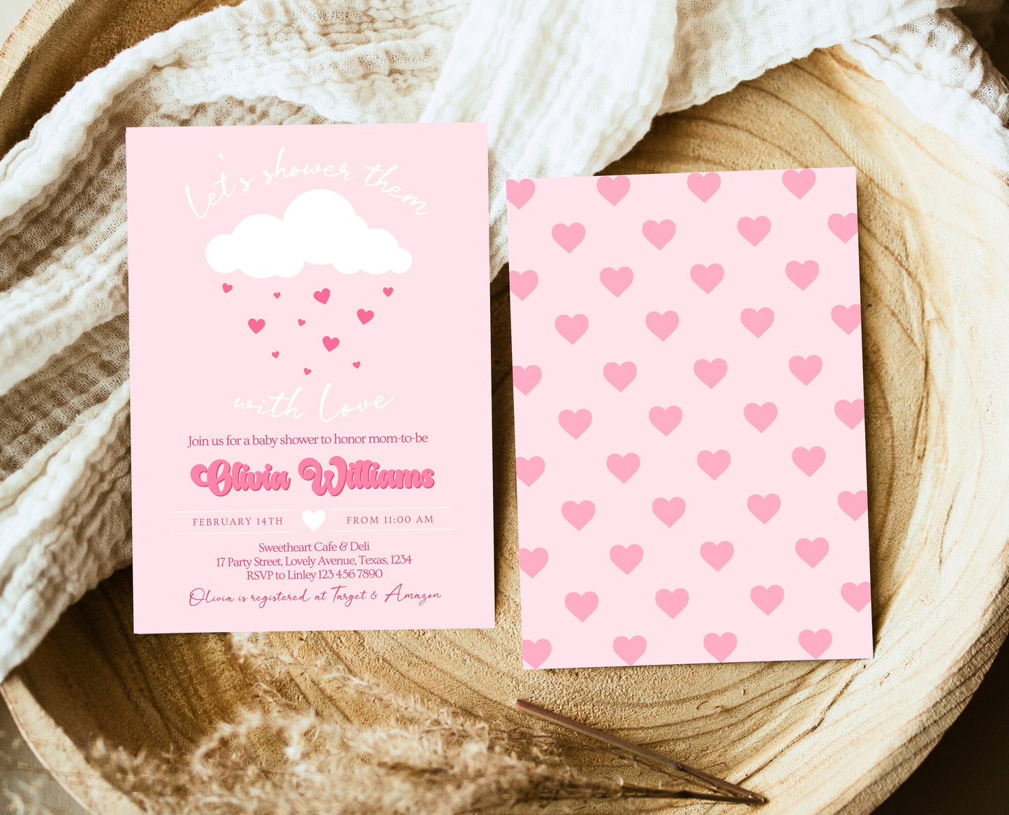 Editable Valentine Baby Shower Invitation, Showered With Love Baby Shower Invite, Pink Cloud Hearts Baby Shower Invite, Download, VDC11