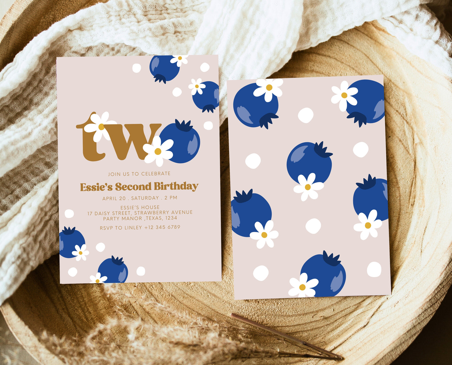 Editable Berry 2nd Birthday Invitation, Gold Blueberry 2nd Birthday Girl Invite, Printable Blueberry Second Birthday Girl Invitation, GBP03