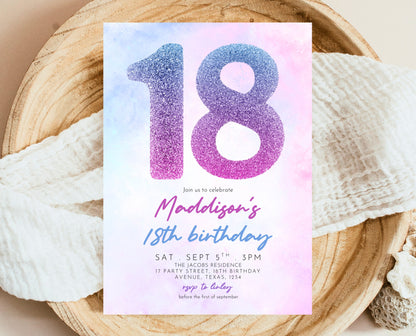 Editable 18th Birthday Invitation Pink Purple Blue Glitter Design Modern Elegant Digital Party Template Printable Invite Instant Download