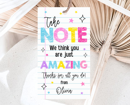 Editable Teacher Appreciation Tag, Teacher Notebook Gift Tag, Thank You Gift Tag, End of School Year Appreciation Week, Digital, Printable