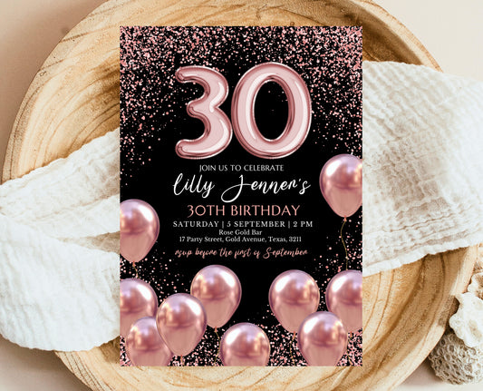 Editable 30th Birthday Invitation Mobile 30th Birthday Invite Rose Gold Party Decor Balloon Design Instant Download Template