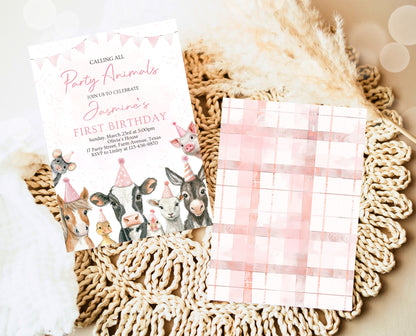 Editable Farm Girl Birthday Invitation, Pink Farm Birthday Party Invite, Calling All Party Animals, Pink Farm Animals Birthday Invite, GBP14