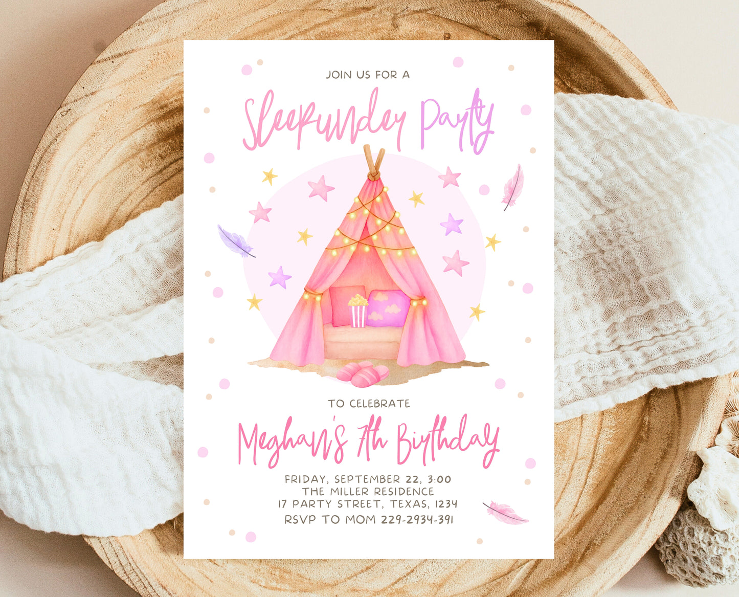 Editable Sleepunder Birthday Invitation Pink Glamping Spa Slumber Party Movie Night Tween Teen Printable Template Instant Download GBP51