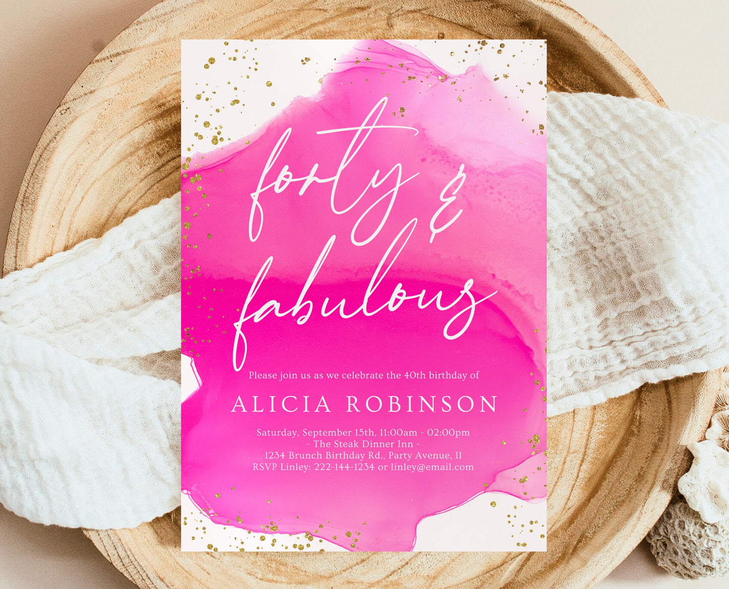 Editable Hot Pink and Gold 40th Birthday Invitation Forty and Fabulous Party Invite Modern Glam Birthday Template Printable Download AB17