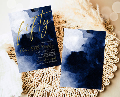 Editable 50th Birthday Invitation, 50th Fifty Birthday Invite, Blue Gold 50th Birthday Decor, Fiftieth Modern Invite, Instant Download, AB08