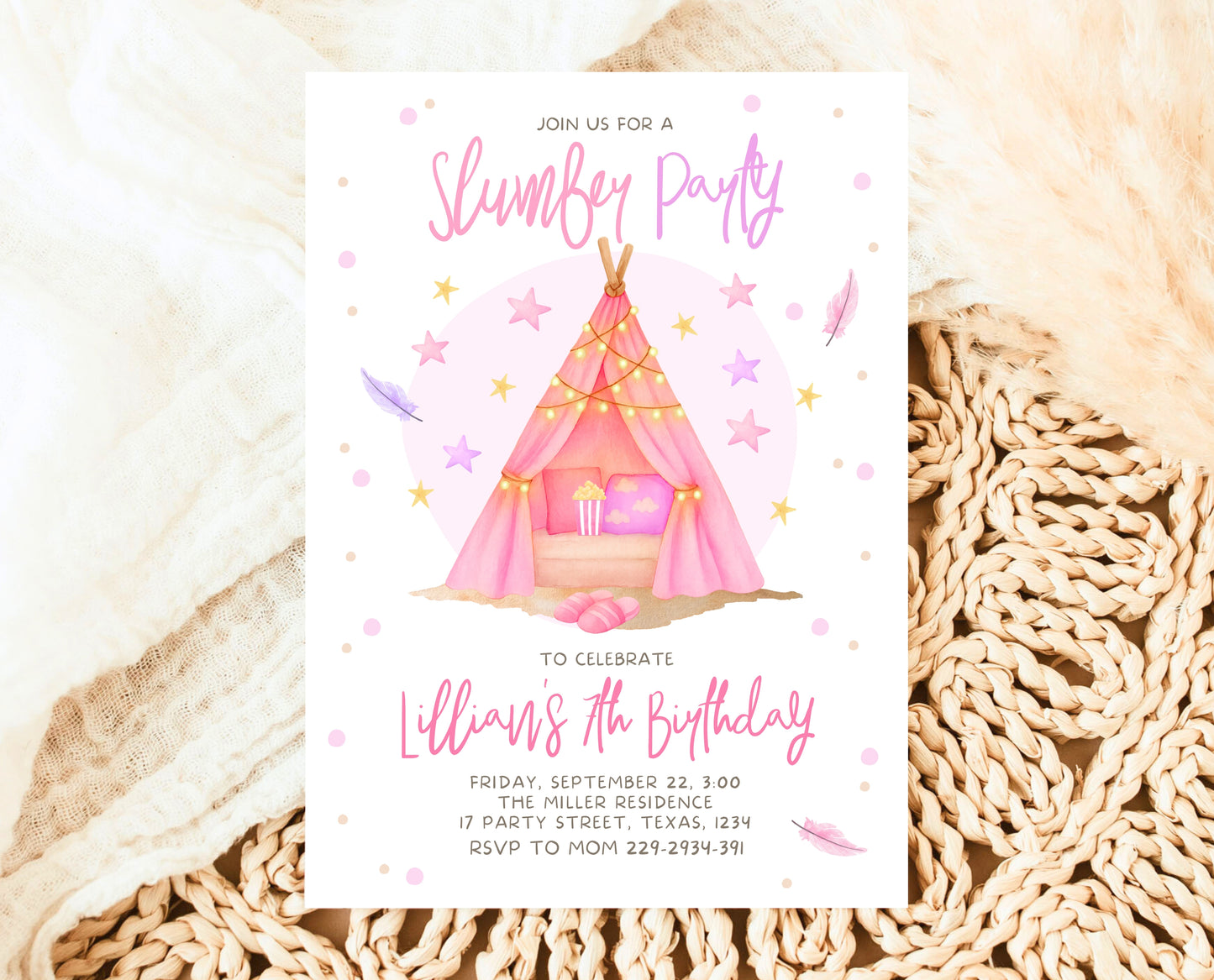 Editable Slumber Birthday Invitation Pink Glamping Spa Sleepover Party Movie Night Tween Teen Printable Template Instant Download GBP51