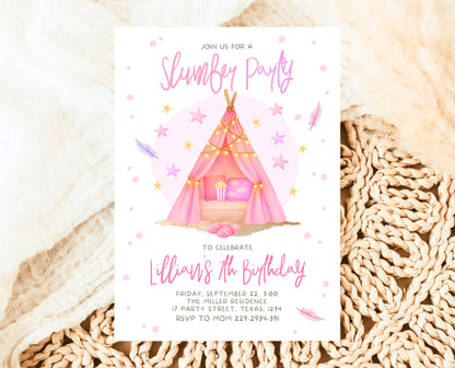Editable Slumber Birthday Invitation Pink Glamping Spa Sleepover Party Movie Night Tween Teen Printable Template Instant Download GBP51