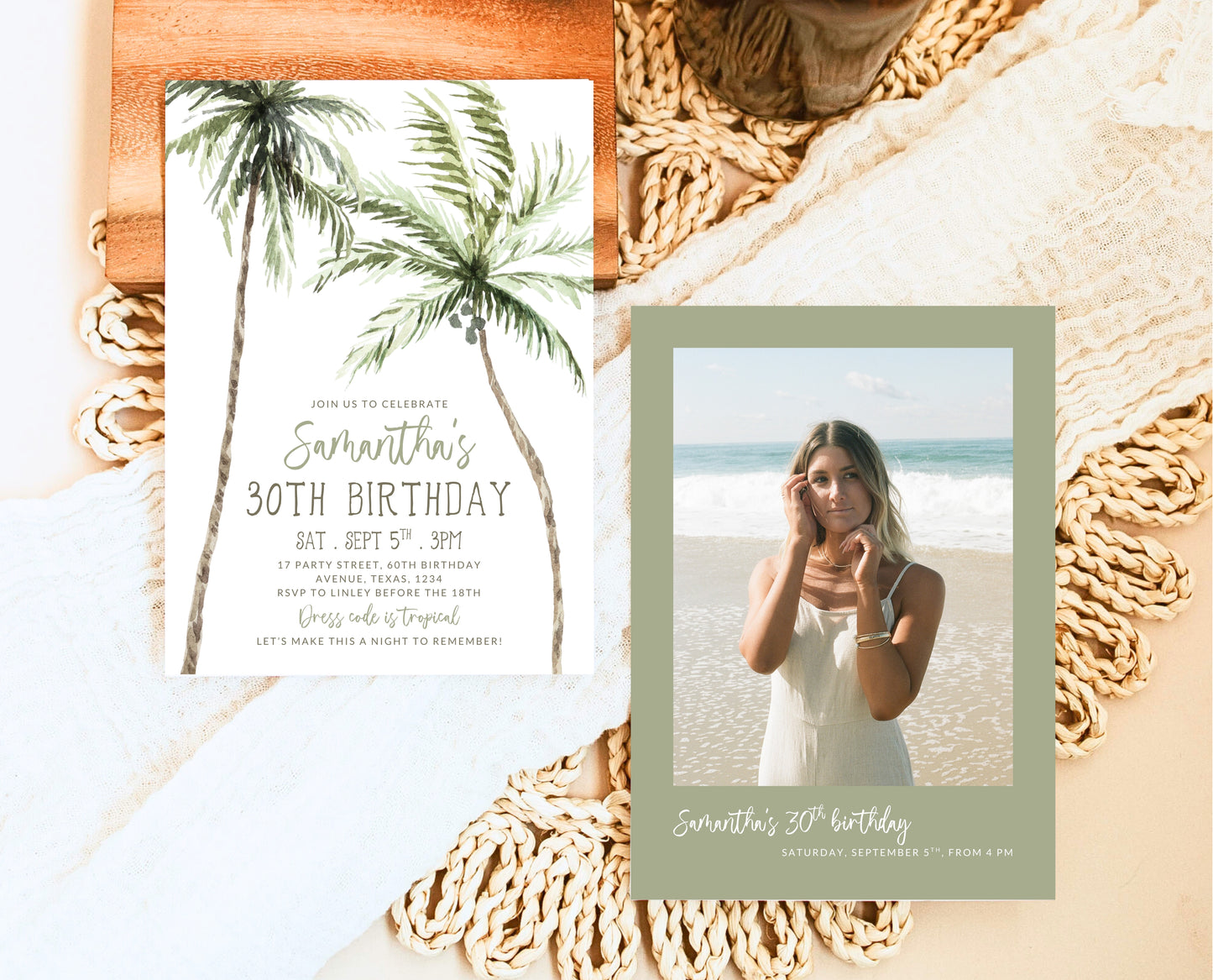 Editable Palm Birthday Invitation Template Folk Palm Trees Summer Party Beach Theme Watercolour Modern Instant Download Printable AB11