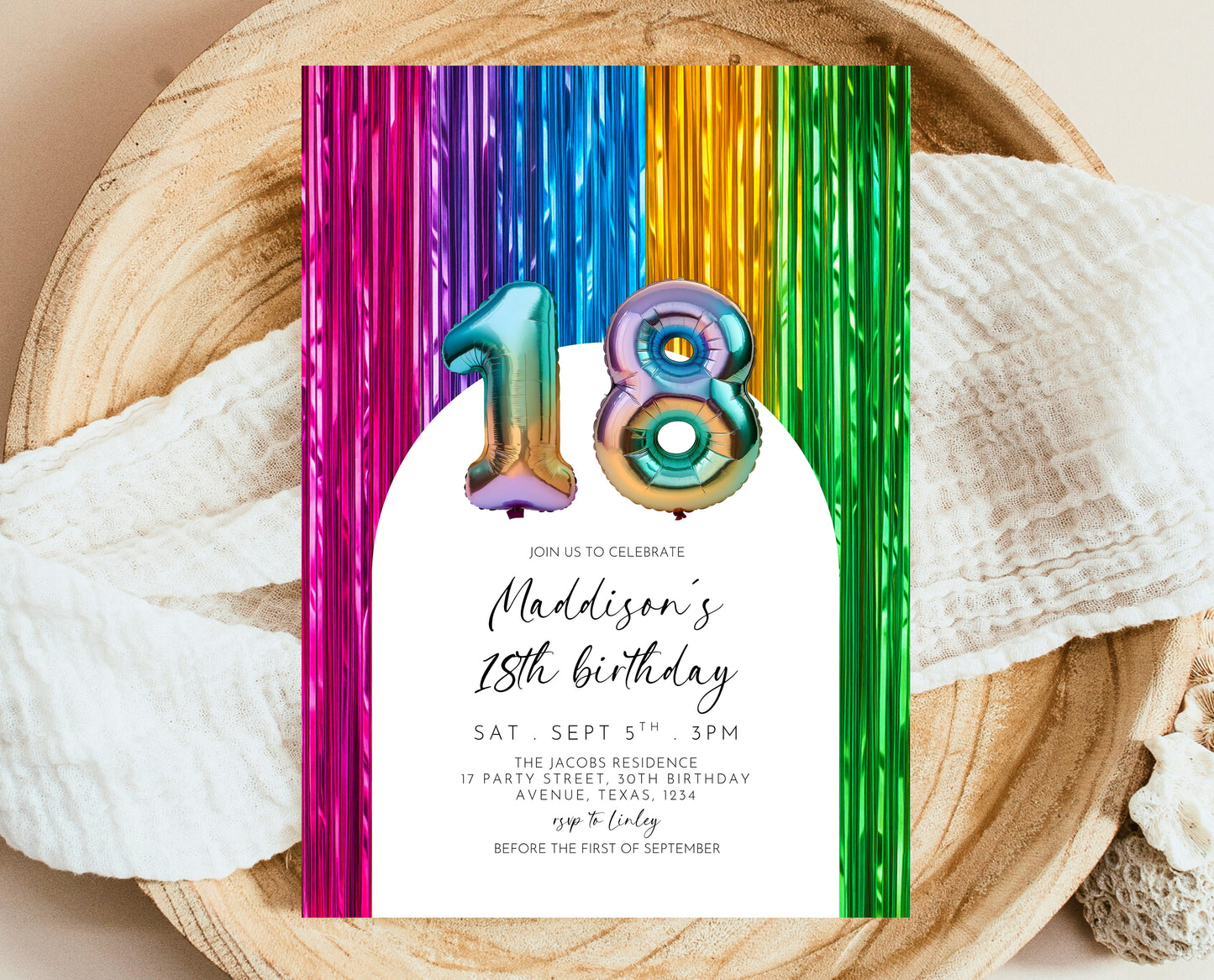 Editable 18th Birthday Invitation Rainbow Streamers Theme Colourful Fun Party Design Digital Template Instant Download Printable Invite