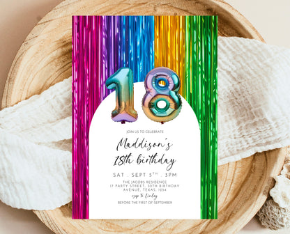 Editable 18th Birthday Invitation Rainbow Streamers Theme Colourful Fun Party Design Digital Template Instant Download Printable Invite