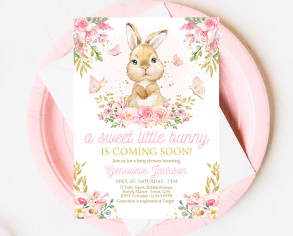 Editable Bunny Baby Shower Invitation, Pink Gold Bunny Invite, Girl Floral Bunny Baby Shower, Spring Rabbit Baby Shower Invite, EPC10