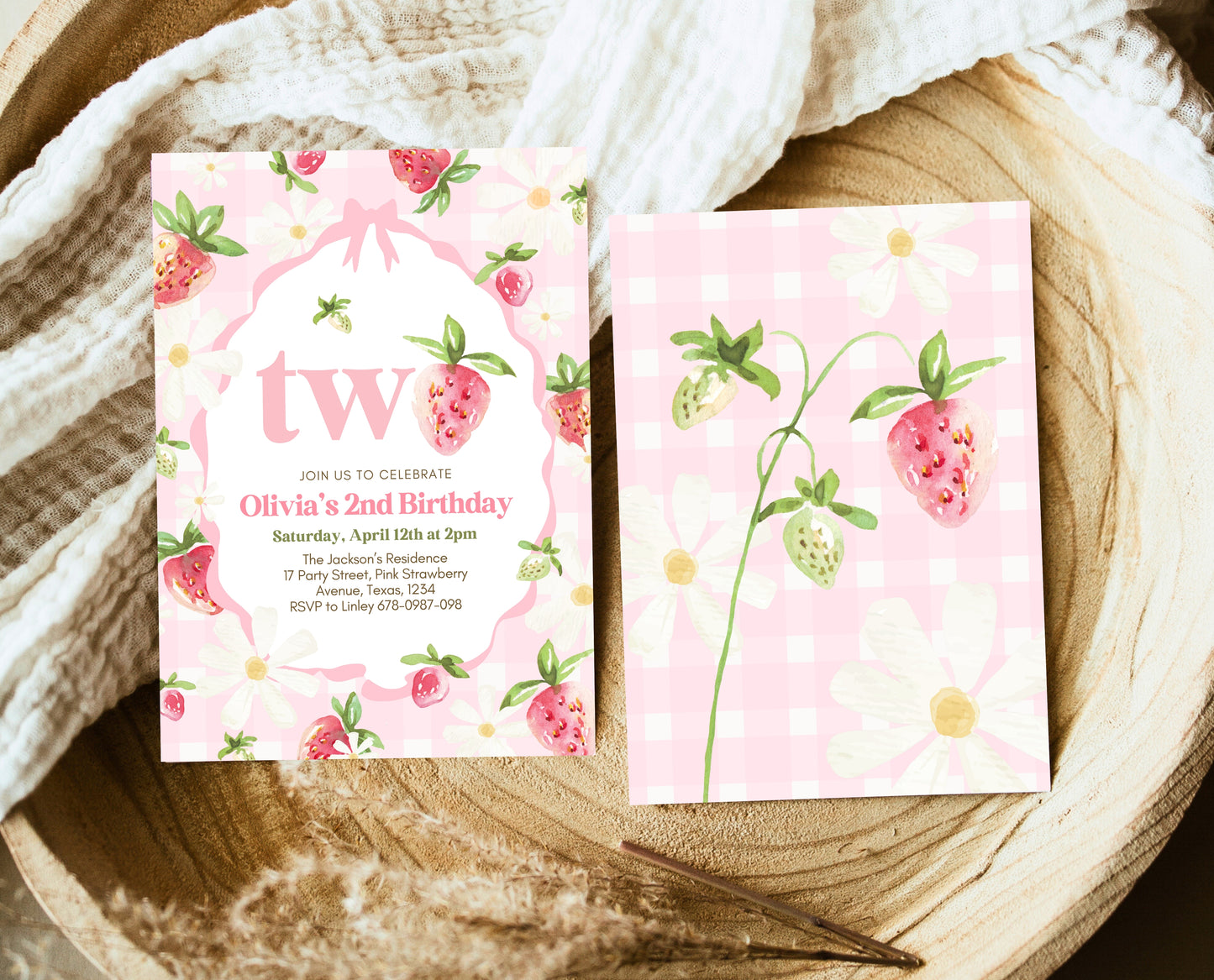 Editable Strawberry 2nd Birthday Invitation, Strawberry 2nd Birthday Girl Invite, Whimsical Strawberry 2nd Birthday Girl Invitation, GBP06