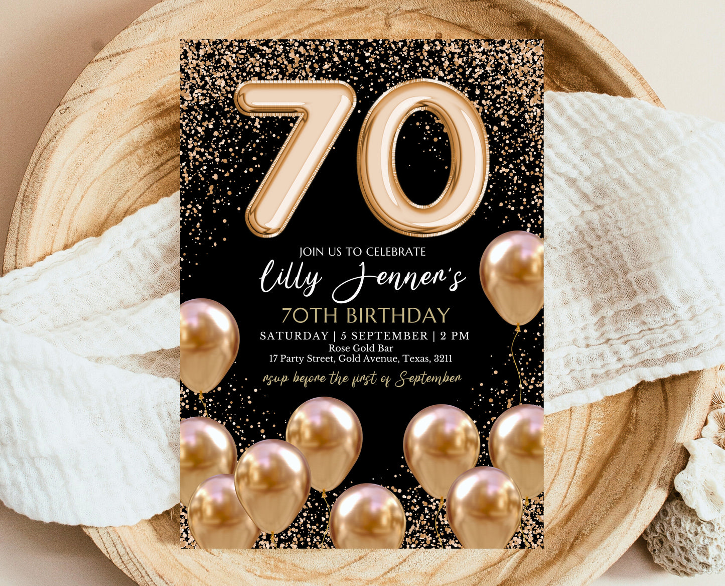 Editable 70th Birthday Invitation Black and Gold Design Modern 70th Party Invite Digital Template Printable Instant Download