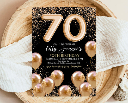 Editable 70th Birthday Invitation Black and Gold Design Modern 70th Party Invite Digital Template Printable Instant Download