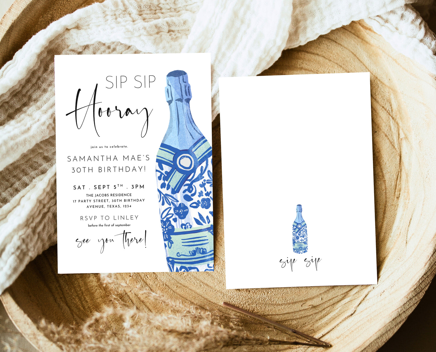 Editable Sip Sip Hooray Champagne Birthday Invitation Blue Modern Minimalist Boozy Party Printable Invite Template Instant Download