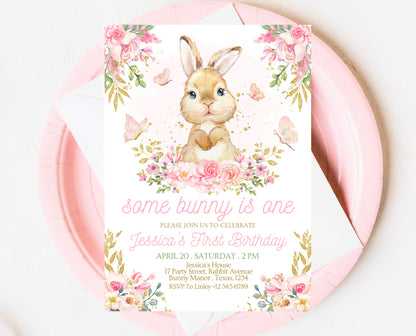 Editable Bunny Birthday Invitation, Pink Gold Some Bunny 1st Birthday, Floral Bunny Birthday, Spring Birthday Rabbit Birthday Invite, EPC09