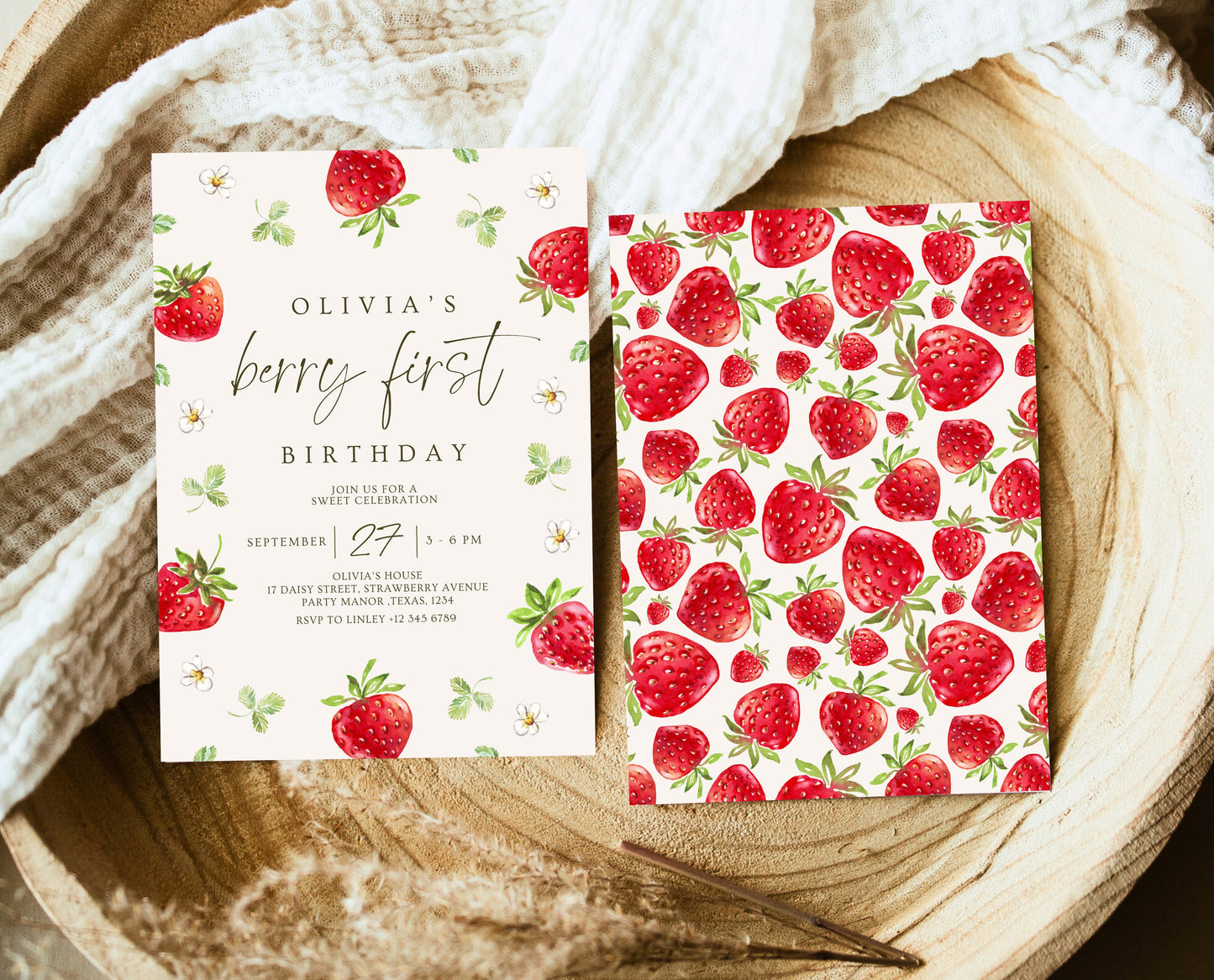 Editable Berry First Birthday Invitation, Strawberry 1st Birthday Girl Invite, Printable Strawberry First Birthday Girl Invitation, GBP04