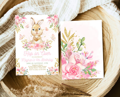 Editable Bunny Birthday Invitation, Pink Gold Some Bunny Birthday, Girl Floral Bunny Birthday, Spring Birthday Rabbit Birthday Invite, EPC09