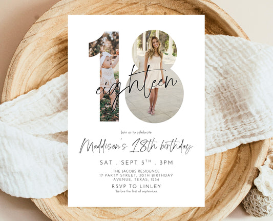 Editable 18th Birthday Invitation Photo Minimalist Modern Elegant Design Simple Digital Party Template Printable Invite Instant Download