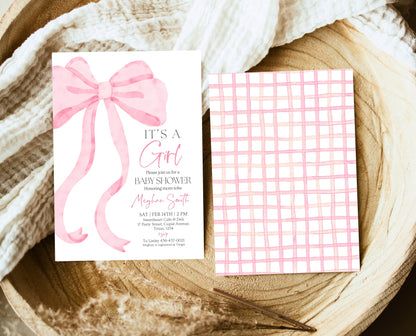 Editable Pink Bow Baby Shower Invitation, It's A Girl Baby Shower, Pink Coquette Bow Invitation Baby Shower Girl Invite, Bow Invite, VDC12