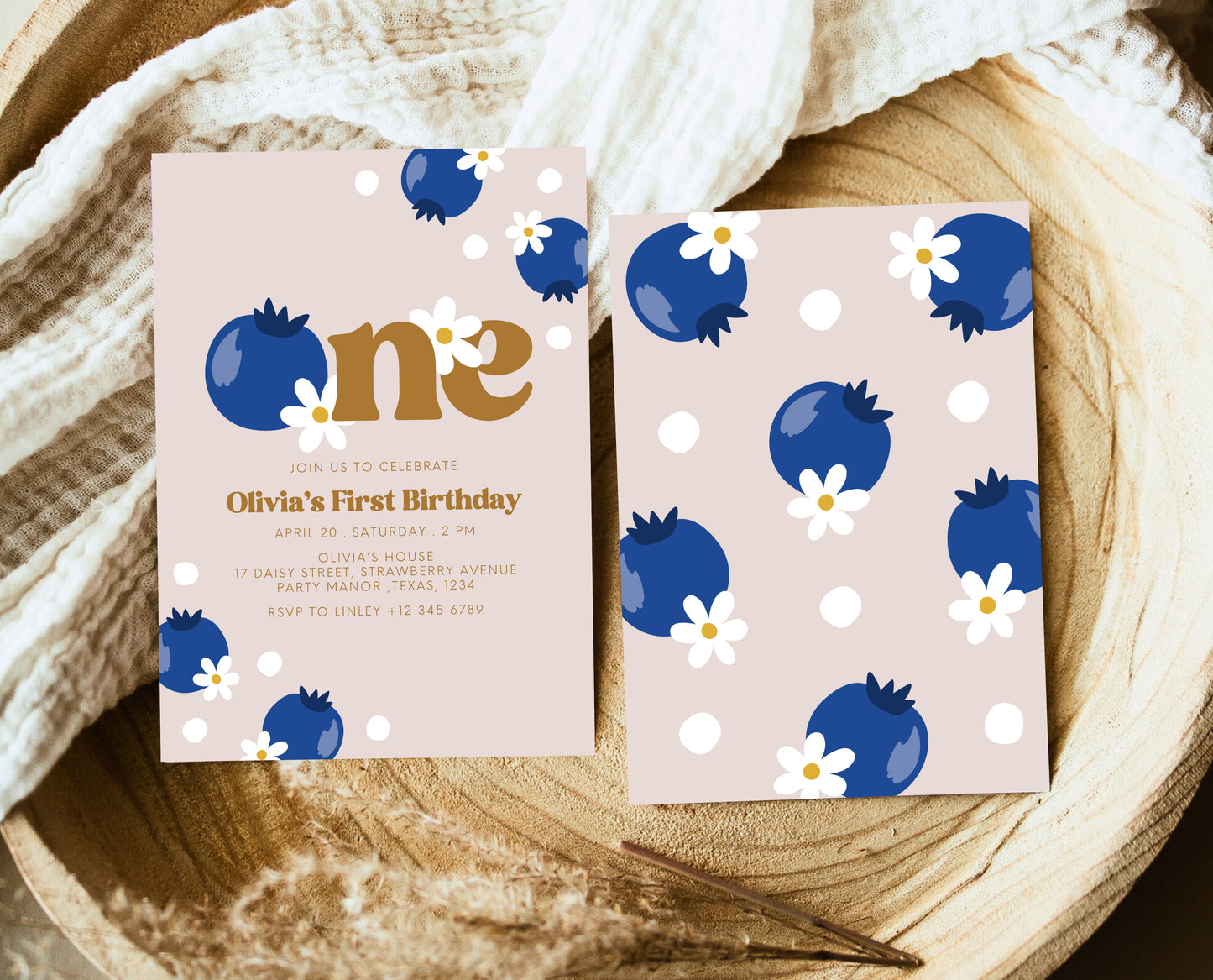 Editable Berry First Birthday Invitation, Gold Blueberry 1st Birthday Girl Invite, Printable Blueberry First Birthday Girl Invitation, GBP03