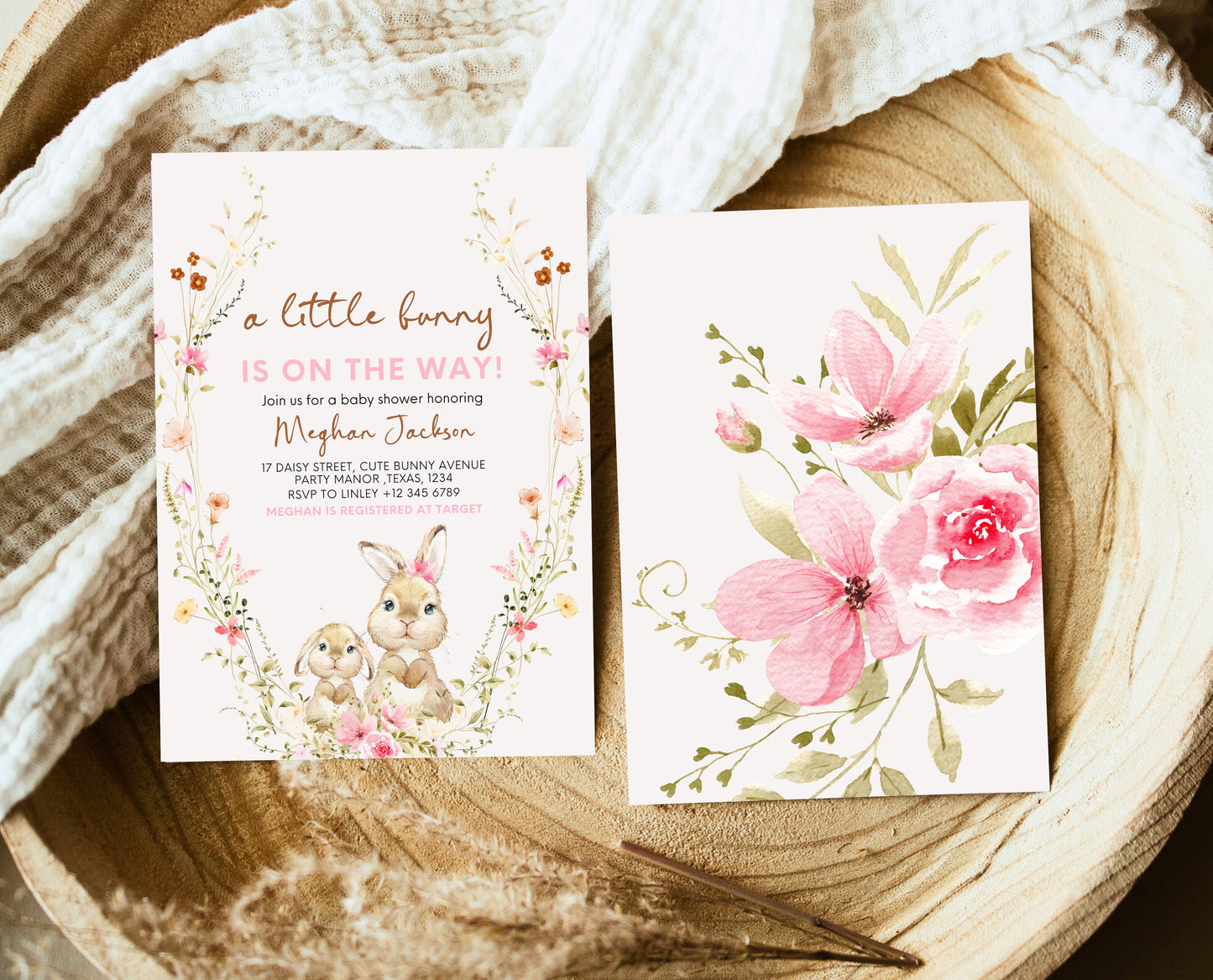 Editable Bunny Baby Shower Invitation, Spring Floral Bunny Invite, Girl Floral Bunny Baby Shower, Spring Rabbit Baby Shower Invite, EPC12