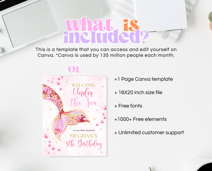 Editable Mermaid Tail Birthday Welcome Sign, Under the Sea Birthday Welcome Banner, Birthday Template, Pink And Gold Glitter Mermaid, GBP11
