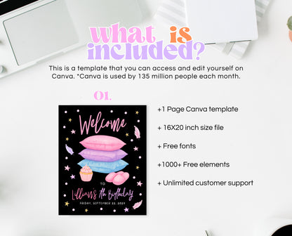 Editable Sleepover Party Welcome Sign Pink Glamping Spa Slumber Tween Teen Birthday Poster Banner Printable Template Instant Download GBP53