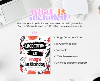 Editable Rock And Roll Birthday Welcome Sign, Boy Rock And Roll Party, Punk Rock Birthday Welcome Banner, Red Rock First Birthday, BBP08