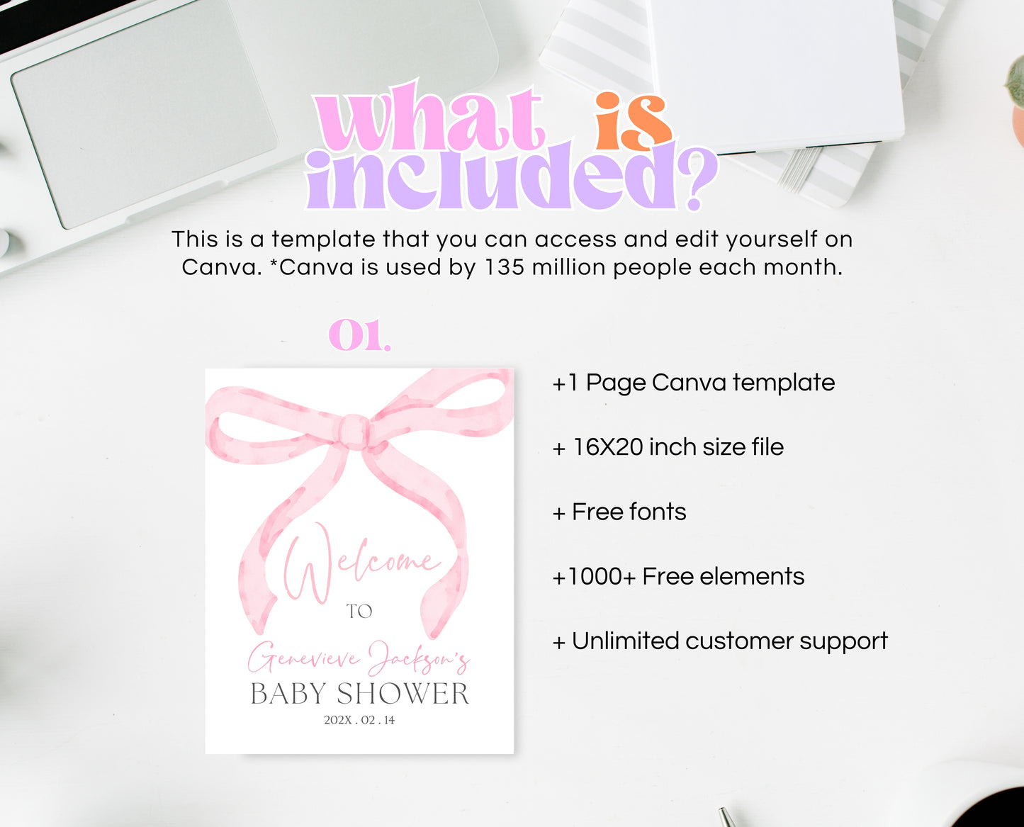 Editable Pink Bow Baby Shower Welcome Sign, Girl First Baby Shower Printable, Pink Coquette Bow Welcome Girl Sign, Bow Sign Decor, VDC12