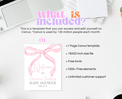 Editable Pink Bow Baby Shower Welcome Sign, Girl First Baby Shower Printable, Pink Coquette Bow Welcome Girl Sign, Bow Sign Decor, VDC12