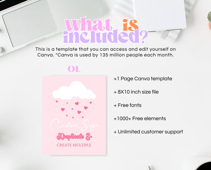 Editable Valentine Baby Shower Custom Sign, Showered With Love Baby Shower Sign, Pink Cloud Hearts Baby Shower Custom Sign, Download, VDC11