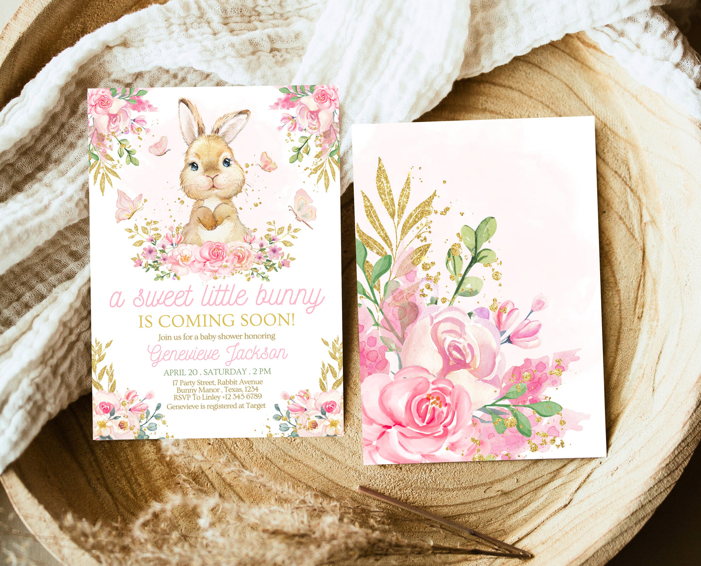Editable Bunny Baby Shower Invitation, Pink Gold Bunny Invite, Girl Floral Bunny Baby Shower, Spring Rabbit Baby Shower Invite, EPC10
