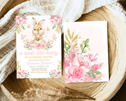 Editable Bunny Baby Shower Invitation, Pink Gold Bunny Invite, Girl Floral Bunny Baby Shower, Spring Rabbit Baby Shower Invite, EPC10