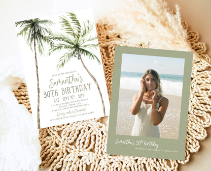 Editable Palm Birthday Invitation Template Folk Palm Trees Summer Party Beach Theme Watercolour Modern Instant Download Printable AB11