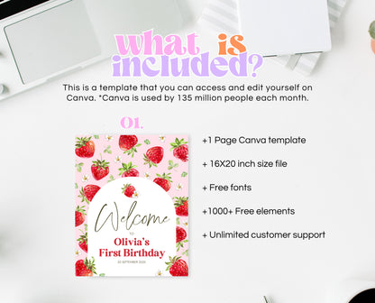 Editable Strawberry Birthday Welcome Sign, Strawberry Arch Birthday Girl Decor, Printable Boho Strawberry Birthday Welcome Banner, GBP05