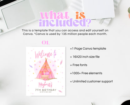 Editable Sleepunder Party Welcome Sign Pink Glamping Spa Slumber Tween Teen Birthday Poster Banner Printable Template Instant Download GBP51