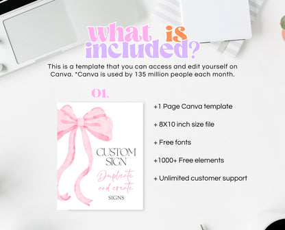 Editable Pink Bow Baby Shower Custom Sign, Girl First Baby Shower Printable, Pink Coquette Bow Girl Fully Editable Sign, Bow Decor, VDC12