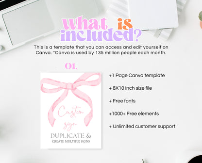 Editable Pink Bow Baby Shower Custom Sign, Girl First Baby Shower Printable, Pink Coquette Bow Girl Fully Editable Sign, Bow Decor, VDC12