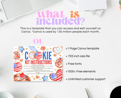 Editable 4th Of July Cookie Instructions Card, Decorate Your Own 4th Of July Cookie, Cookie Decorating Kit DIY, Printable, Instant Download