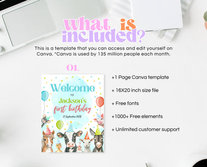 Editable Farm Boy Birthday Welcome Sign, Blue Farm Birthday Party, Calling All Party Animals, Blue Boy Farm Animal Party Welcome Sign, BBP06