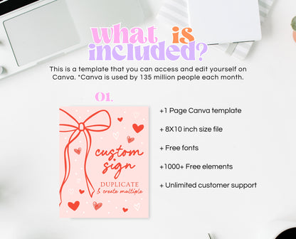 Editable Sweetheart Birthday Custom Sign, Girls Pink Hearts Valentine Birthday, Hand Drawn Coquette Bow Doodle, Instant Download, VDC10