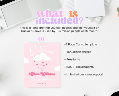 Editable Valentine Baby Shower Welcome Sign, Showered With Love Baby Shower Sign, Pink Cloud Hearts Baby Shower Welcome, Download, VDC11