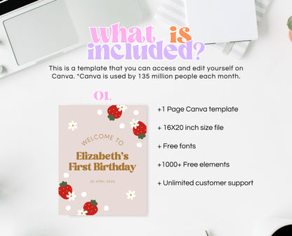 Editable Strawberry Birthday Welcome Sign, Retro Strawberry Birthday Girl Decor, Printable Boho Strawberry Birthday Welcome Banner, GBP02