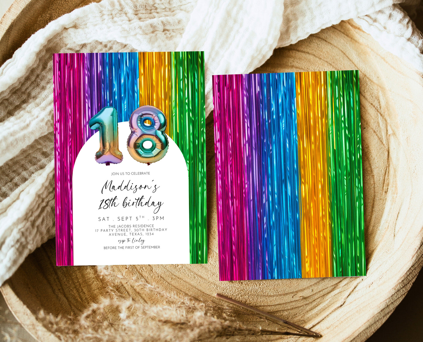 Editable 18th Birthday Invitation Rainbow Streamers Theme Colourful Fun Party Design Digital Template Instant Download Printable Invite