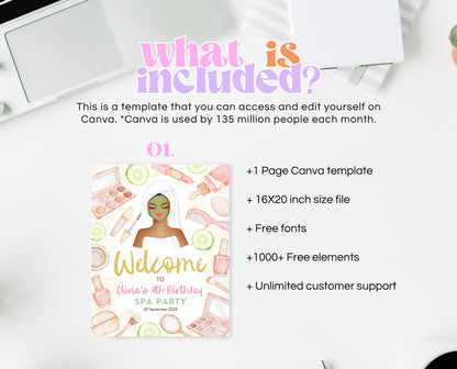 Editable Spa Birthday Welcome Sign, Spa Party Decor, Pamper Birthday, Neutral Glam Party Welcome Banner, Spa Brown Girl Birthday, GBP09
