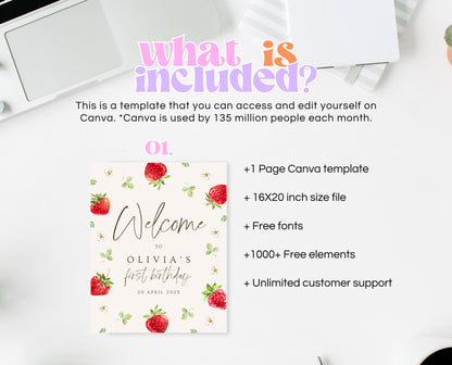 Editable Strawberry Birthday Welcome Sign, Strawberry Birthday Girl Decor, Printable Boho Strawberry Birthday Welcome Banner, GBP04