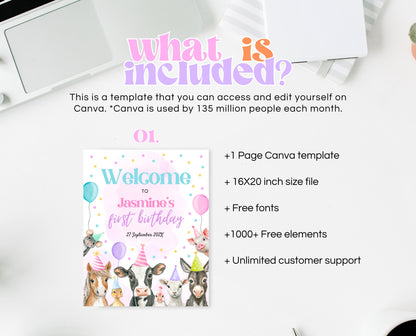 Editable Farm Girl Birthday Welcome Sign, Pink Farm Birthday Party Decor, Calling All Party Animals, Rainbow Girl Farm Welcome Banner, GBP15
